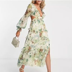 ASOS GREEN FLORAL MIDI WITH CUTOUTS